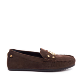 Brown loafer with gold accents on a white background
